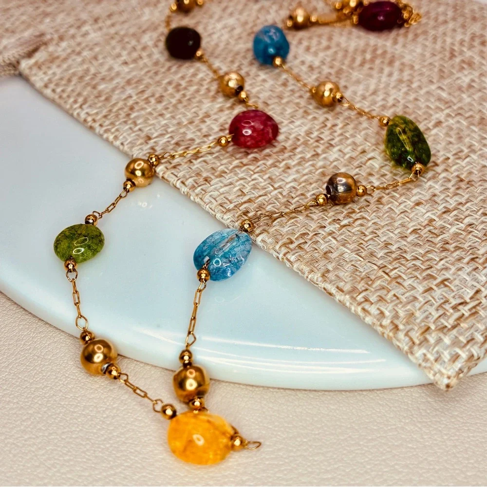 Multicolor Gemstone Beaded Necklace with Gold Accents - Picture 2 of 7